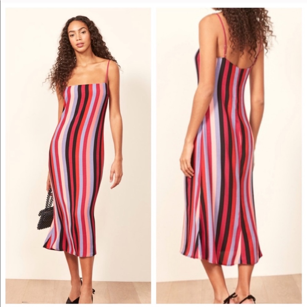 Reformation Striped Midi Dress in Red, Pink, Black, Lavender